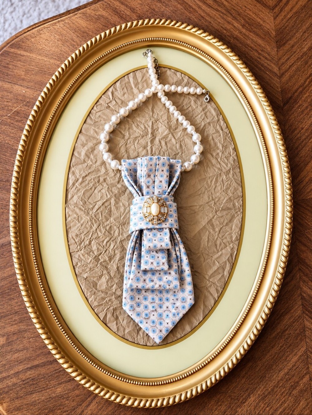 KOLTE COUTURE Vintage Silk Tie Necklace in White & Blue With Pearls
